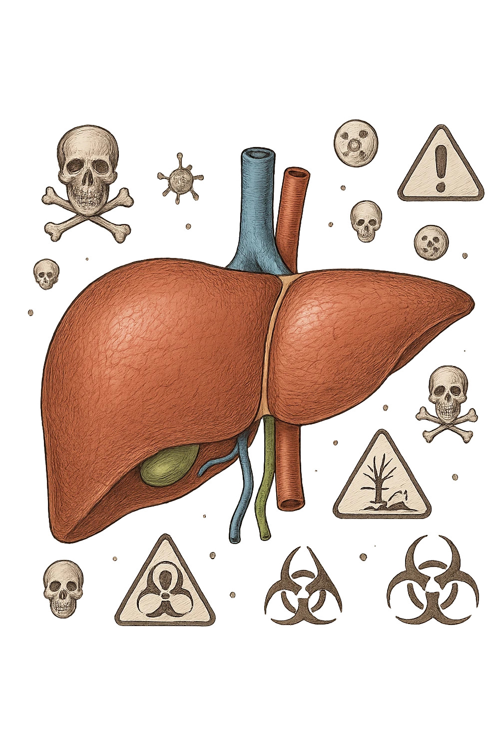 fegato umano anatomico con tossine che gli fluttuano intorno emoji