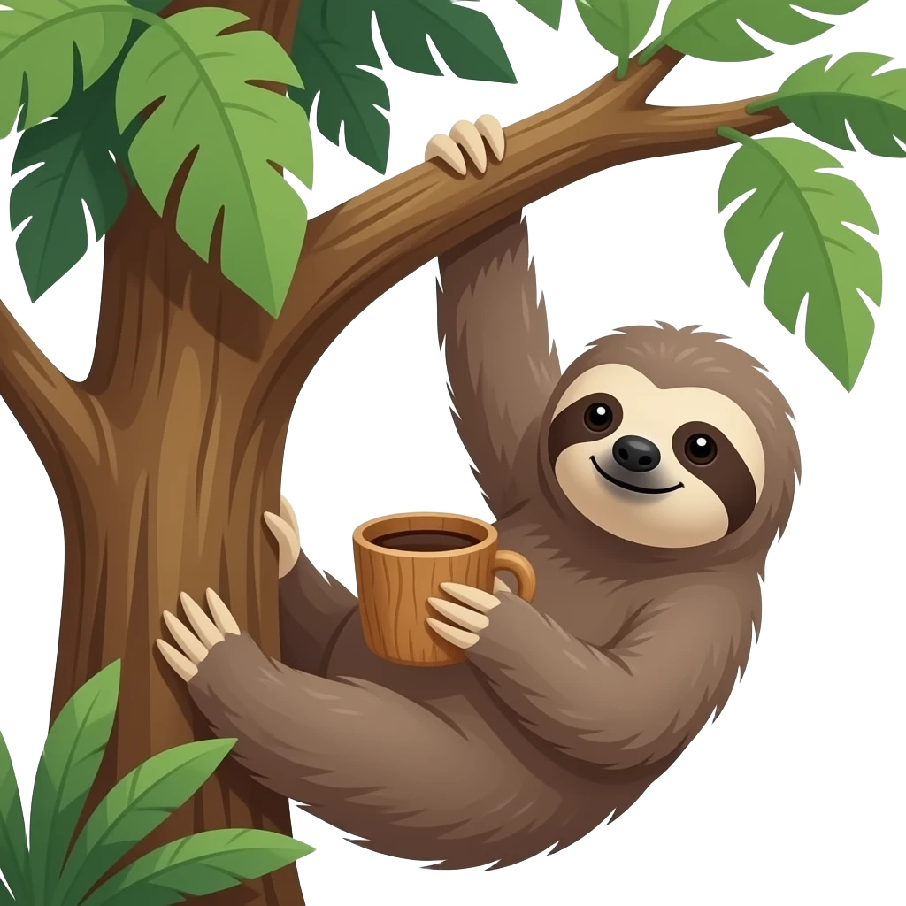 hanging sloth on big jungle tree drink coffee wooden cup hanging emoji