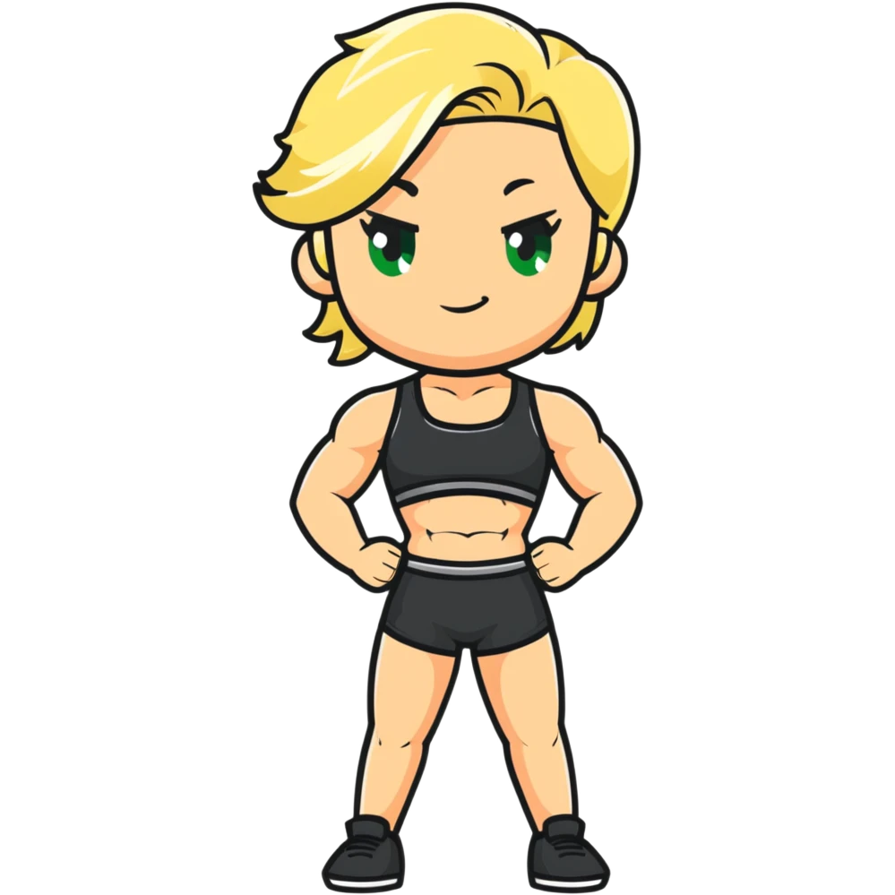 full body pose of a muscular white girl with blonde hair and green eyes, flexing 6 pack abs and one arm bicep emoji