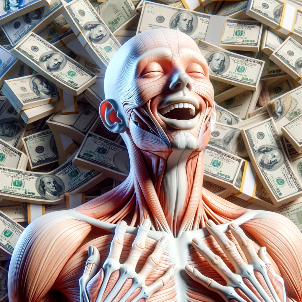 corpo umano anatomico sereno e felice con una montagna di banconote davanti, espressione stupita, iperrealistica 4k, isolato su sfondo bianco emoji