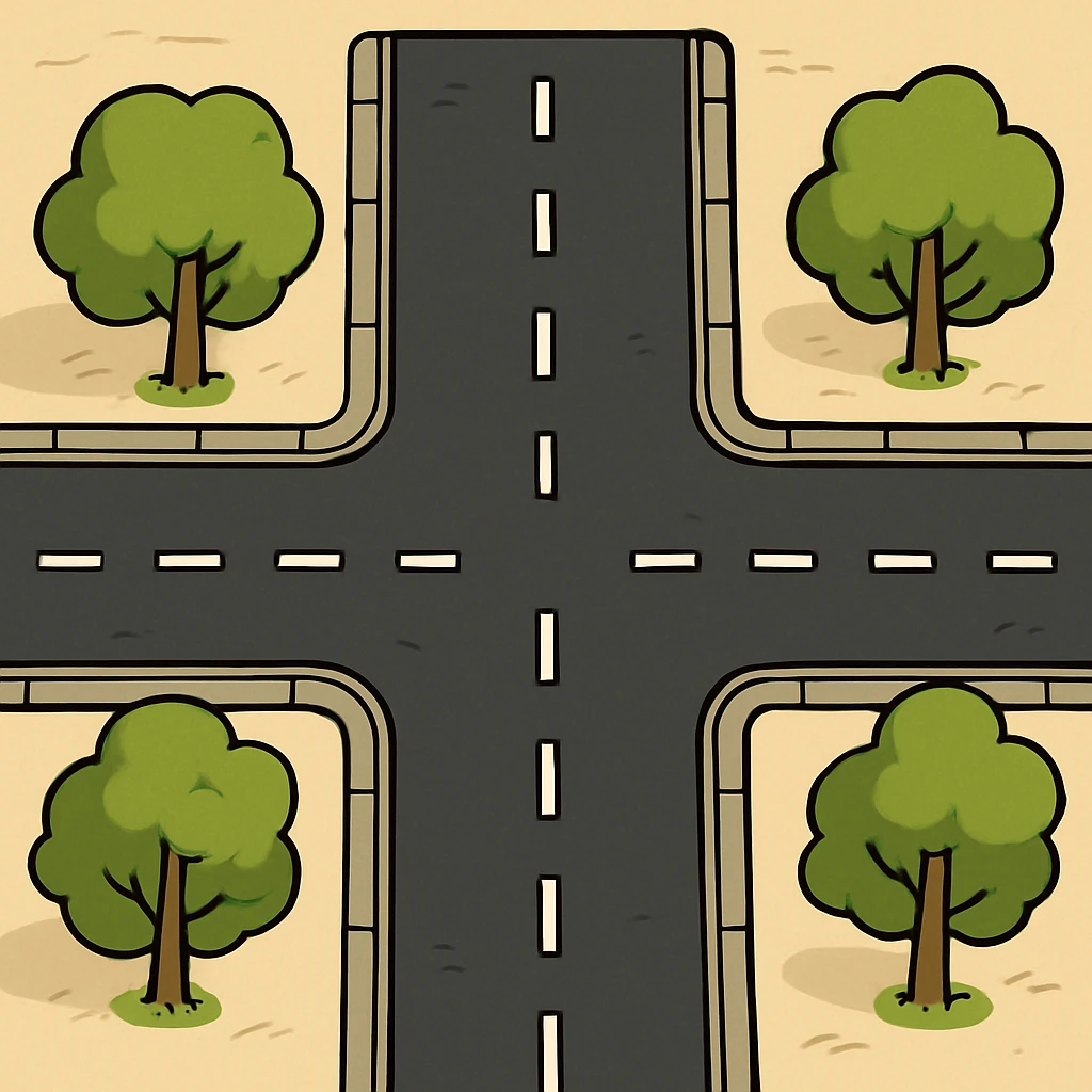 cartoon-style T-shaped road, top-down perspective, with dashed lines and a few trees on the sides emoji