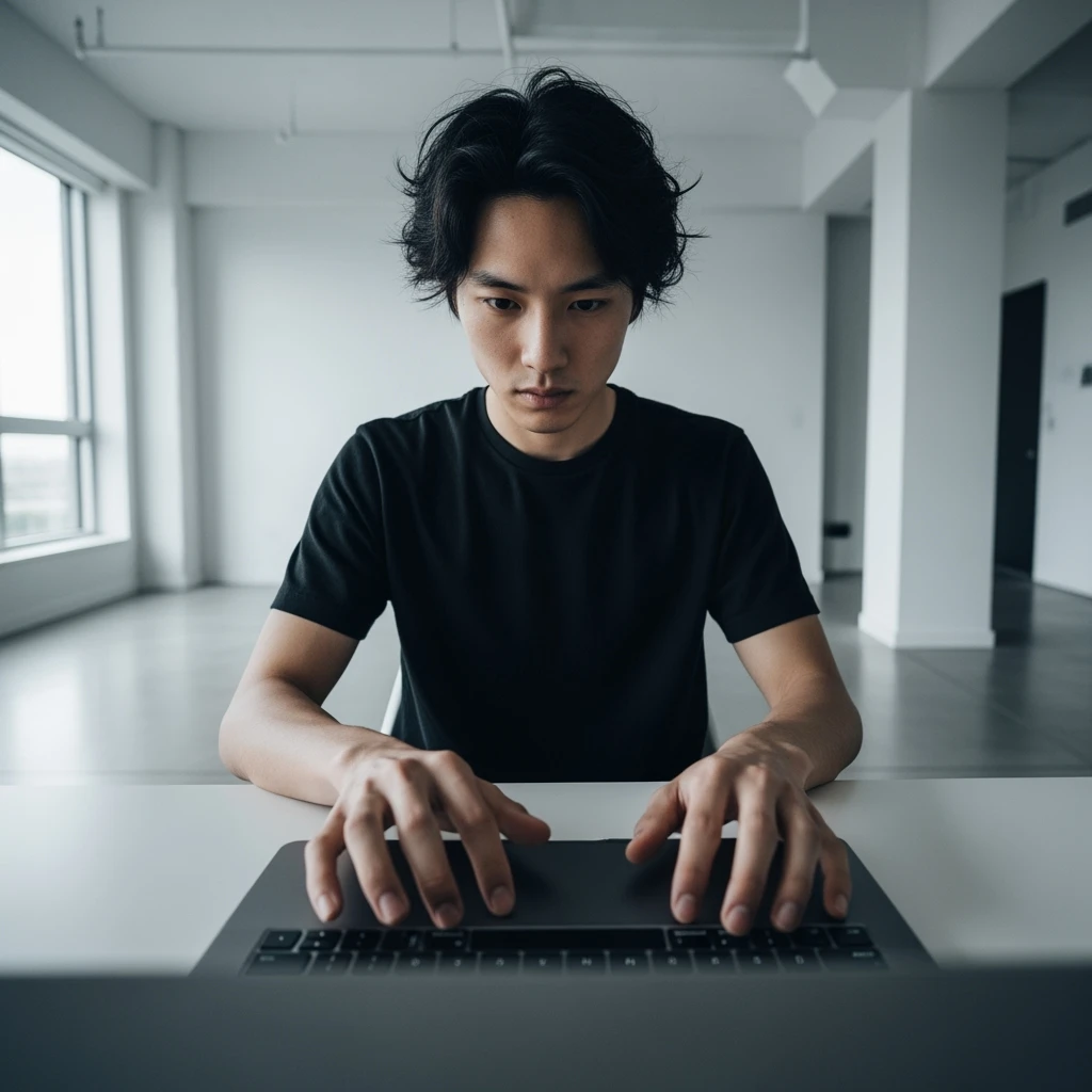 Cinematic still, POV camera, Man writing on macbook pro keyboard, minimalistic environment emoji