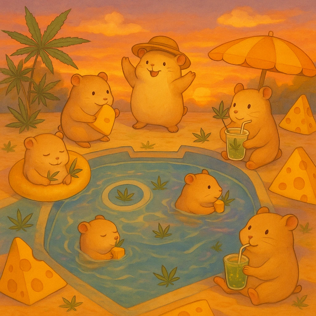 Add a dreamy sunset background with soft orange, pink, and purple hues behind the pool party scene. Maintain the Ghibli style with a nostalgic, fun, and inviting summer party vibe, including THC/weed/cheese theme elements. emoji