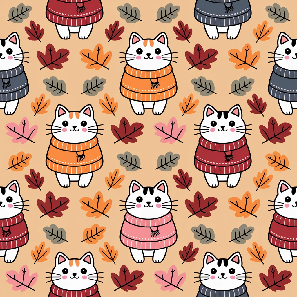 cute cats in scarves and sweaters, seamless pattern, autumn colors, warm and cozy vibe, playful cartoon style emoji