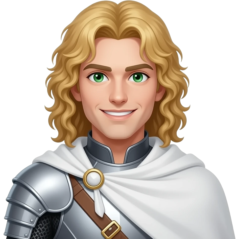 A white man with long curly yellow hair put in a middle part. He is wearing white armour with a white cape. He is clean shaven and has a smile that cuts like a knife. He also has emerald green eyes. He has a sharp jawline. He is in his early thirites. emoji