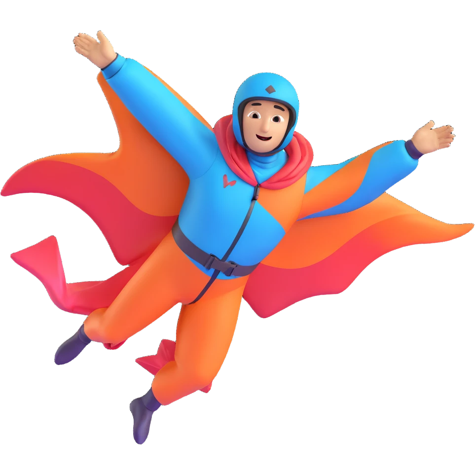 person flying in a wingsuit, wind in face, colorful suit, energetic emoji