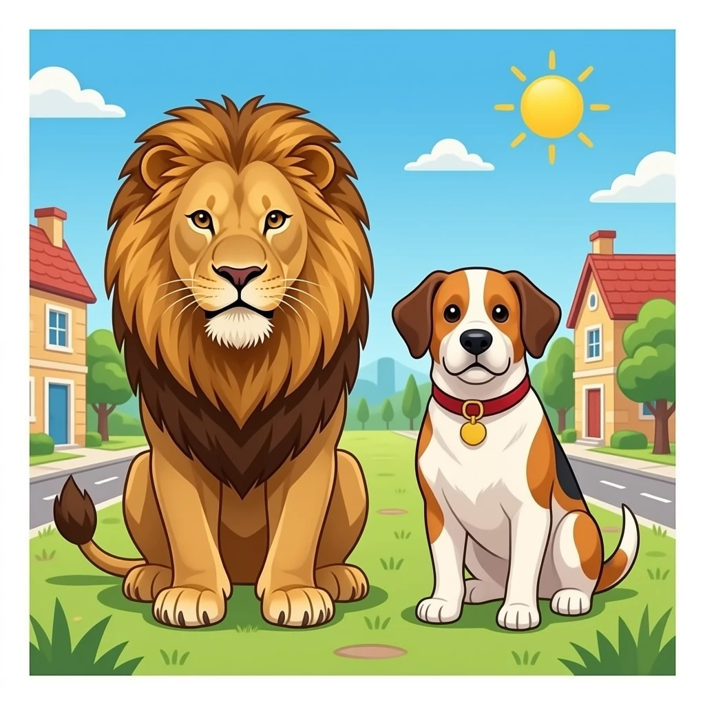 quiero una portada de comic con un pueblo y tenga algo uq e ver con un leon y un perro que sea realista emoji