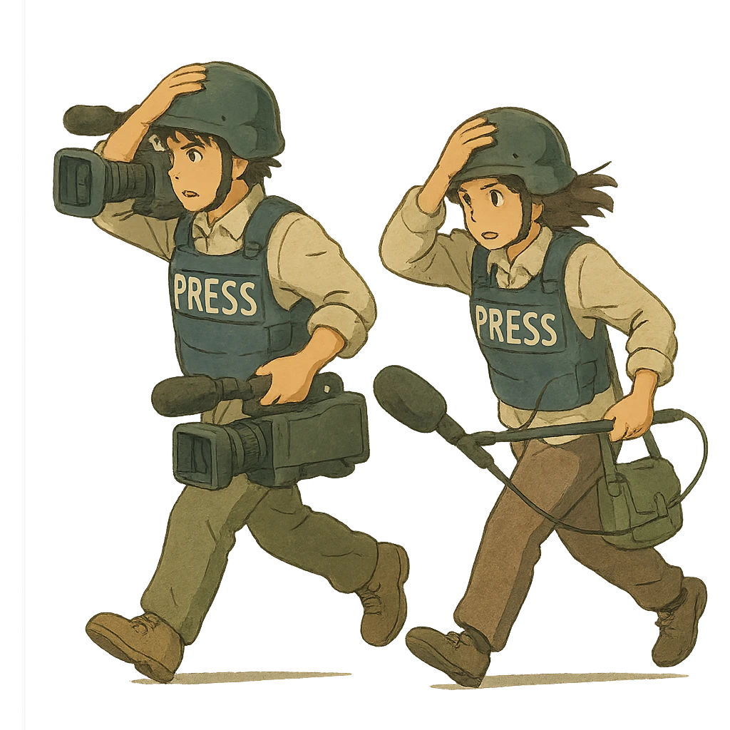  walking from left to right across frame: a cameraman, and a microphone operator, ONLY two people, war correspondents, tense moment, BOTH HOLDING ONTO THEIR HAT! emoji
