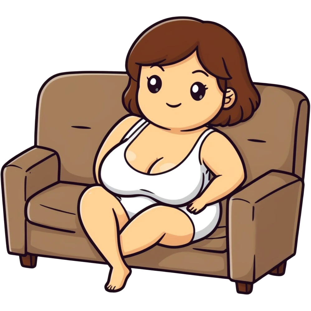  One Caucasia woman with brown hair and big boobs with white fluid on them sitting on couch bald man emoji