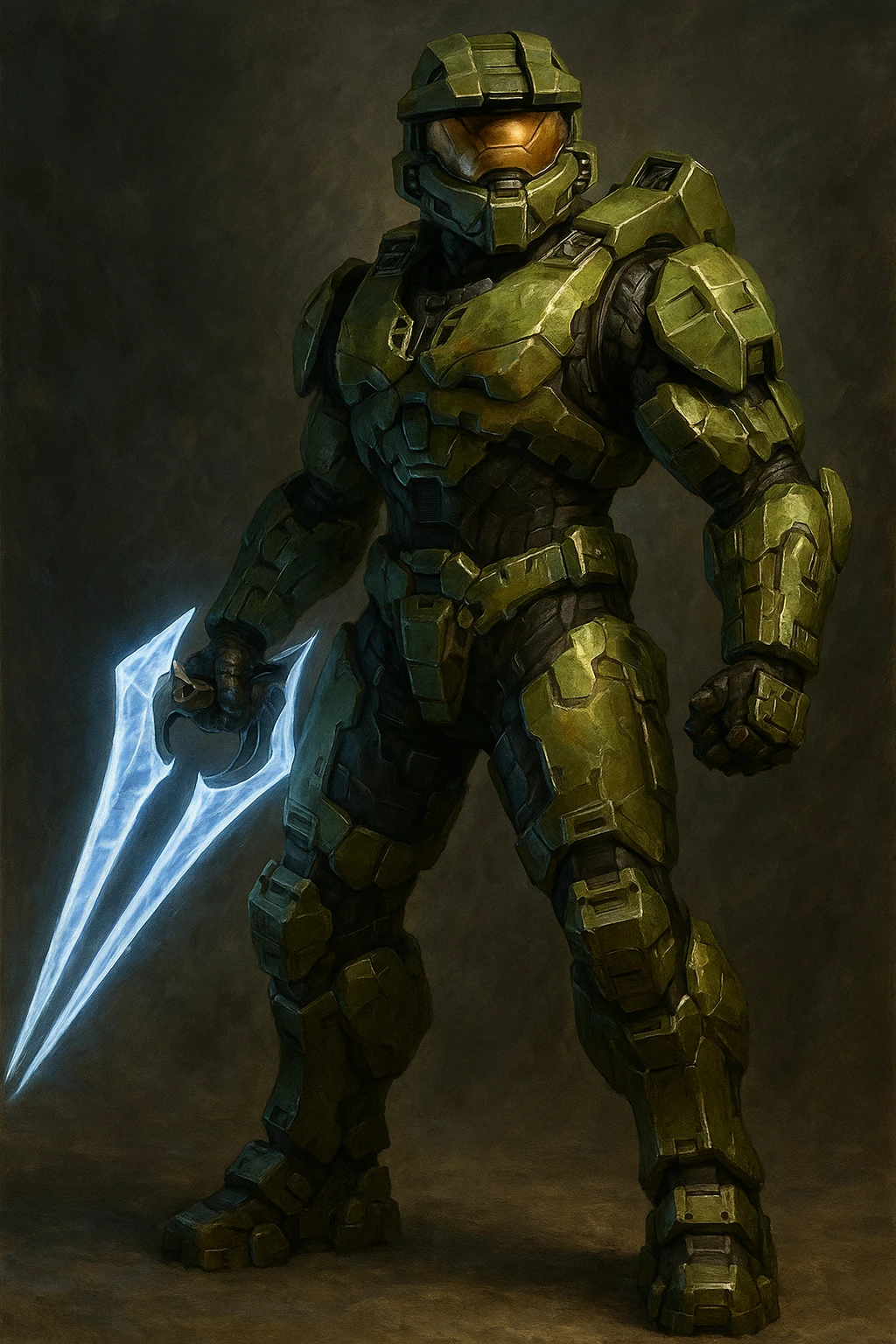 Master Chief from Halo, holding an energy sword, futuristic armor, green and gold accents, heroic stance emoji