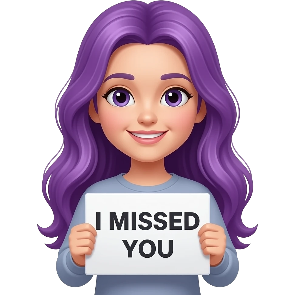 girl with long purple hair holding a I MISSED YOU sign emoji