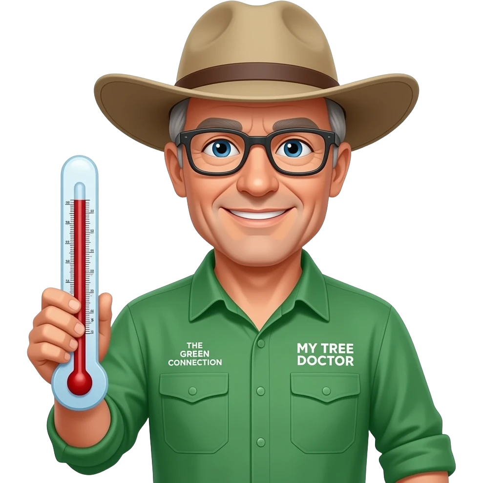 Smiling middle-aged man blue eyes. Dark rectangle glasses, in green-collared, long-sleeve shirt.  Flatter wider-brim Australian Akubru hat. Holding a large thermometre. Insert 'THE GREEN CONNECTION' in white directly onto the left pocket & onto the right pocket, place only the words 'MY TREE DOCTOR' emoji