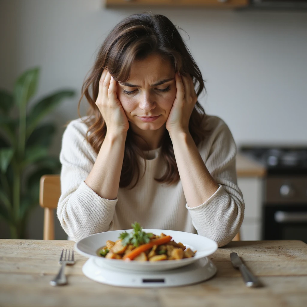 adult woman, photorealistic, diet not working, frustrated expression, sitting at table with food scale and healthy food, looking at plate with disappointment, natural light, kitchen background emoji