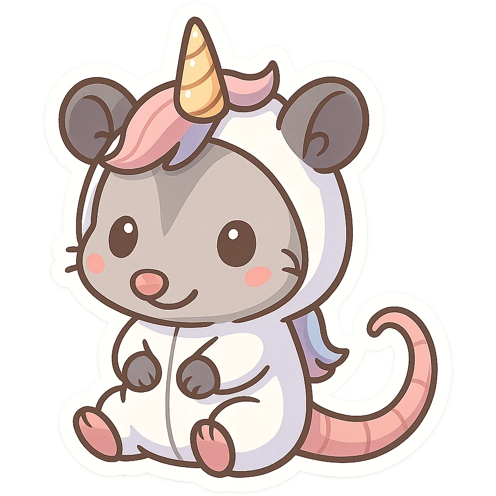 cute cartoon possum dressed up like a unicorn, chibi stickers style emoji