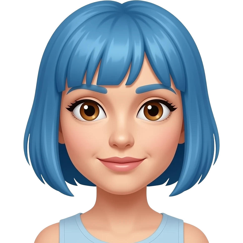 A white woman with short blue hair and brown eyes. emoji