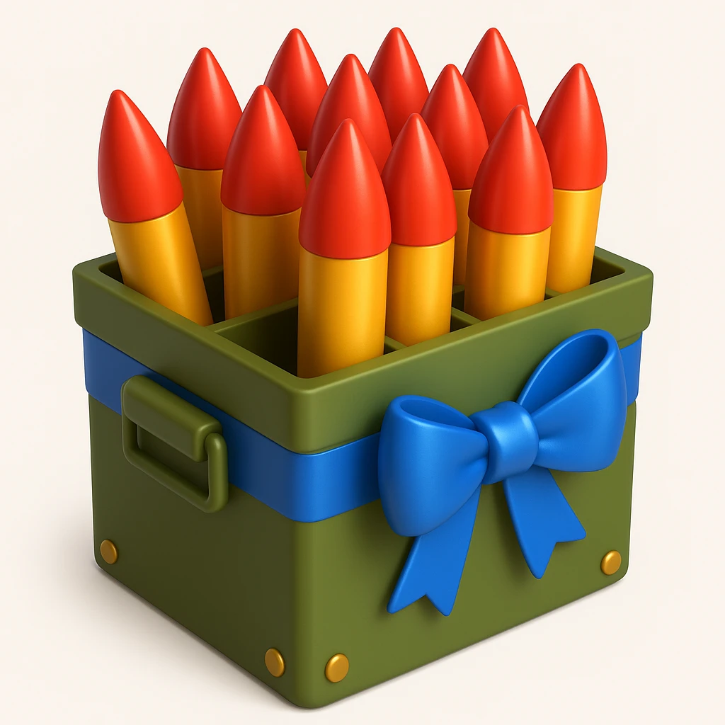 A big long military box filled with long war rockets with a blue ribbon, 3D emoji style emoji