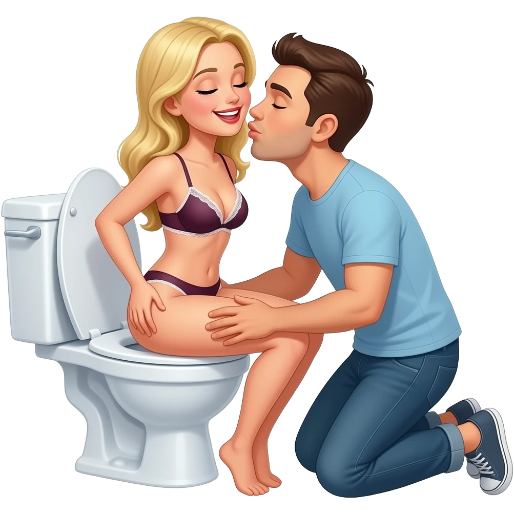 White blonde woman in lingerie sits backwards on open toilet spreading her butt cheeks open while man kneels behind her kissing her butt. Eyes closed smiling emoji