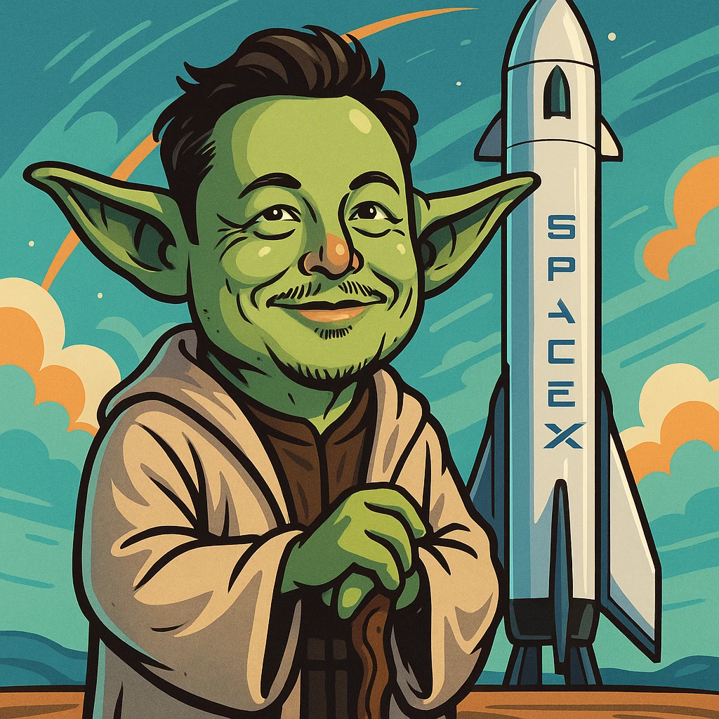 Yoda with Elon Musk's face, standing next to a rocket, blending Star Wars and SpaceX themes, clever and fun style emoji