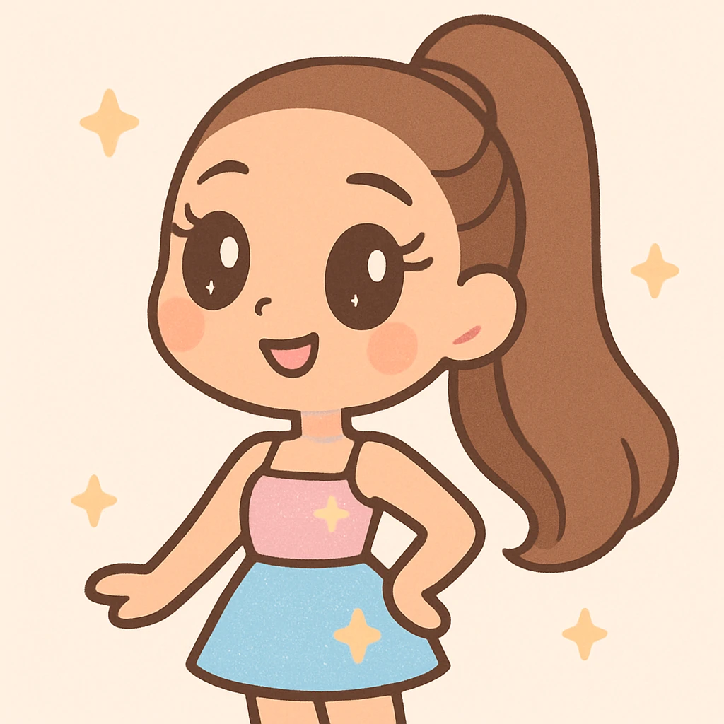 Ariana Grande as a cute cartoon character with signature high ponytail, glamorous makeup, sparkling outfit, pop star vibe emoji