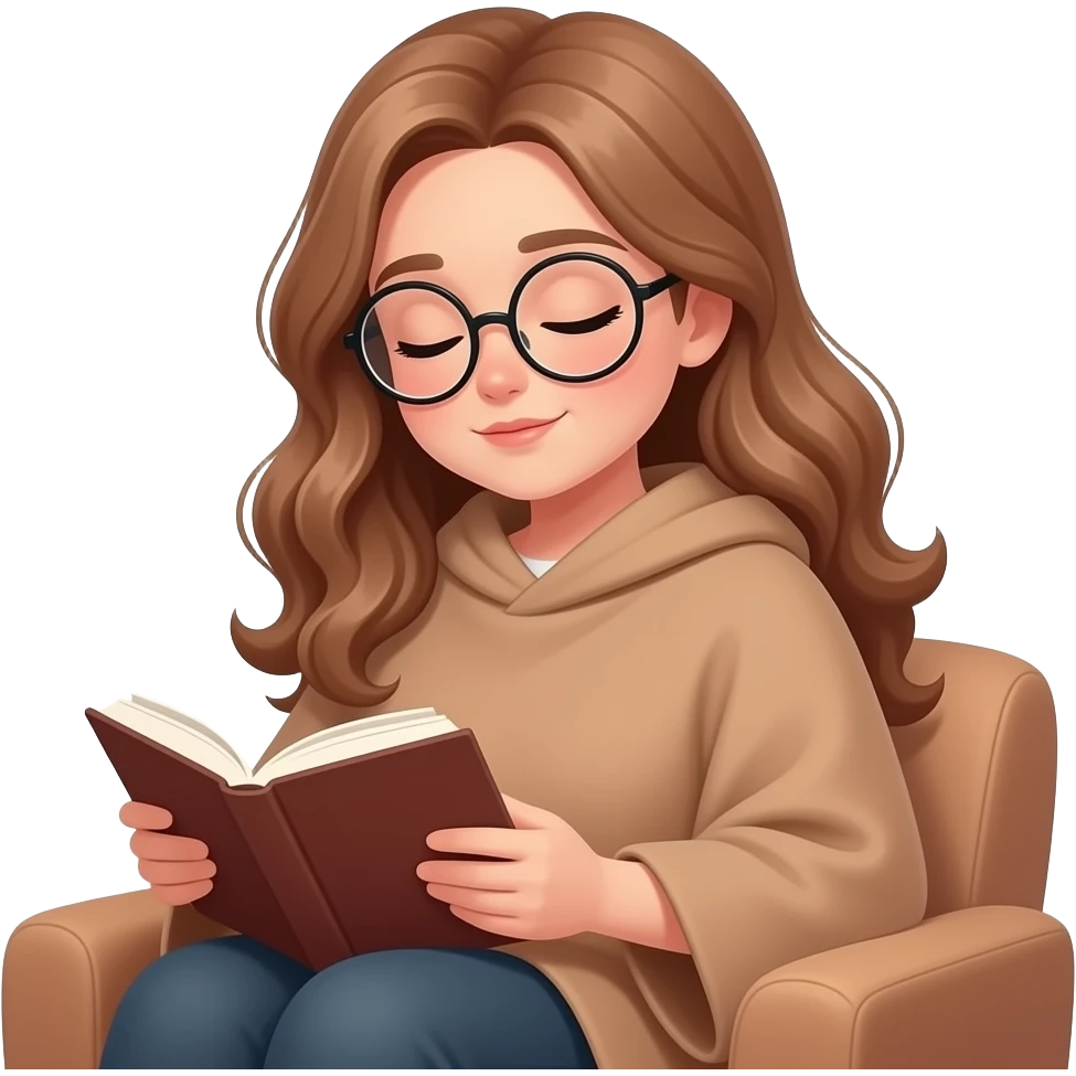 detailed emoji illustration of a curvy woman with long light brown wavy hair, light brown eyes and round glasses wearing a light brown poncho, reading a book while looking sleepy, late night reading vibe, cozy atmosphere, cute emoji style emoji