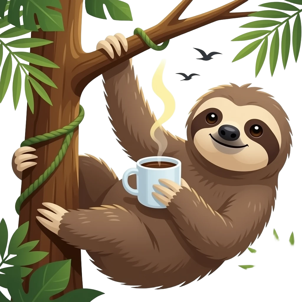 sloth tree morning coffee hanging sunrise jungle birds emoji
