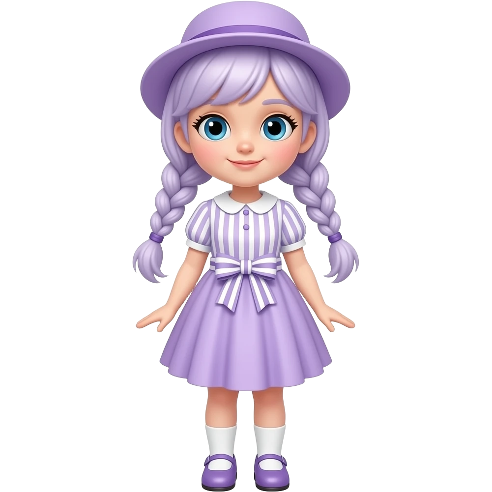 A girl with pale purple hair tied in braids and blue eyes, wearing a pale purple dress with white striped short sleeves and skirt, a pale purple frill, and a pale purple and white striped waist bow, pale purple shoes with white socks, and a pale purple hat. emoji