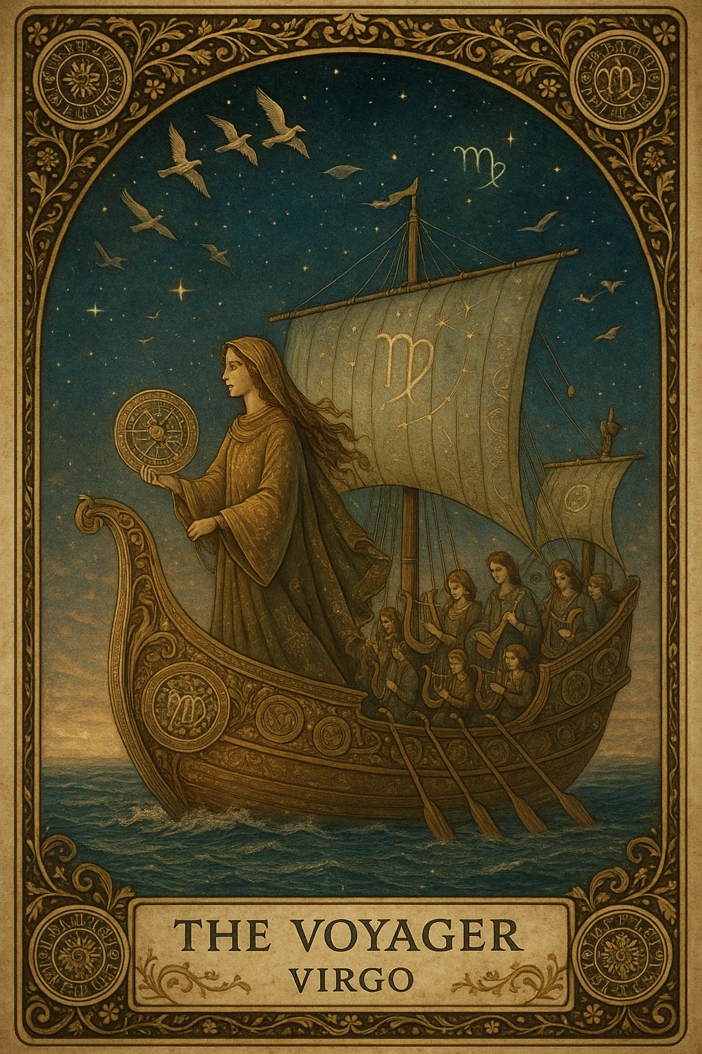 Create a Tarot card titled "The Voyager – Virgo" featuring a serene Virgo figure traveling on a majestic ship across a starlit sea. The Virgo appears graceful and introspective, wearing flowing earth-toned robes embroidered with fine constellations and botanical patterns. She holds a celestial map or astrolabe, symbolizing wisdom and direction. The ship is ornately carved with zodiac motifs, arcane symbols, and detailed woodwork representing elements of nature and time. Birds soar overhead in elegant formation, symbolizing spiritual guidance, while a group of musicians onboard plays harps, flutes, and lyres—each instrument etched with runes and celestial glyphs. Surrounding the card’s border are elaborate vine patterns, miniature zodiac wheels, and golden filigree that shimmer with ethereal light. The background should feature a richly textured twilight sky with layered stars, subtle planetary alignments, and faint Virgo glyphs woven into the sails and horizon. The overall composition should evoke mystery, harmony, and divine purpose, blending traditional Tarot symbolism with intricate artistic craftsmanship emoji