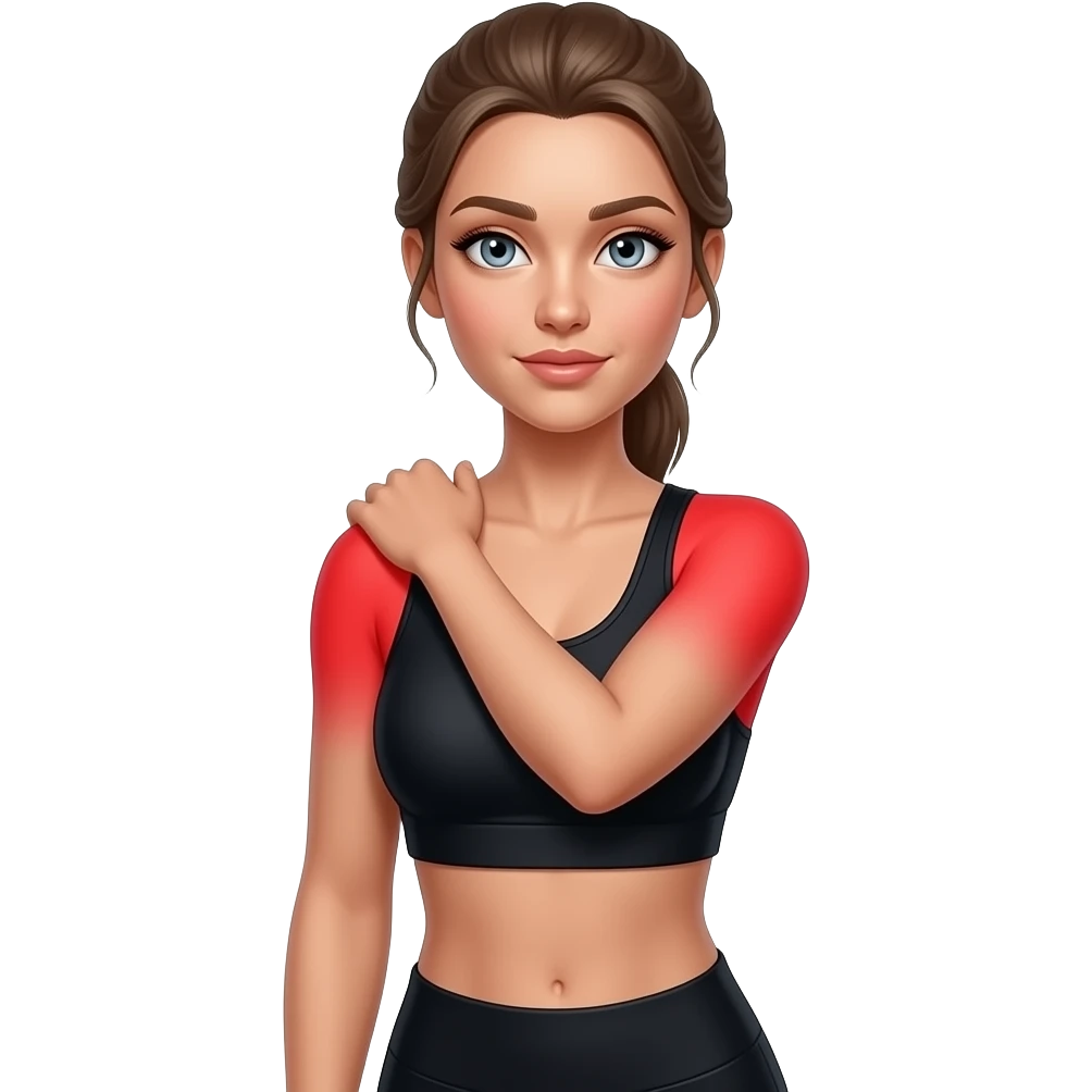 shoulder pain, full red glow covering both shoulders and upper shoulder area, woman holding one shoulder, fair-skinned woman, gray-blue eyes, ash brown brows, ash light brown hair tied back, slim athletic body, black workout set emoji