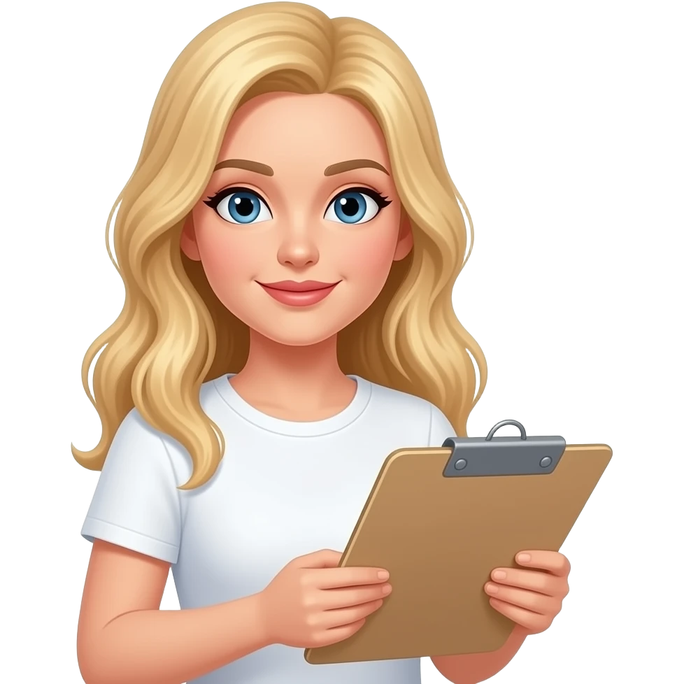 strawberry blonde fair skinned long hair woman in white tshirt looking at a folder emoji