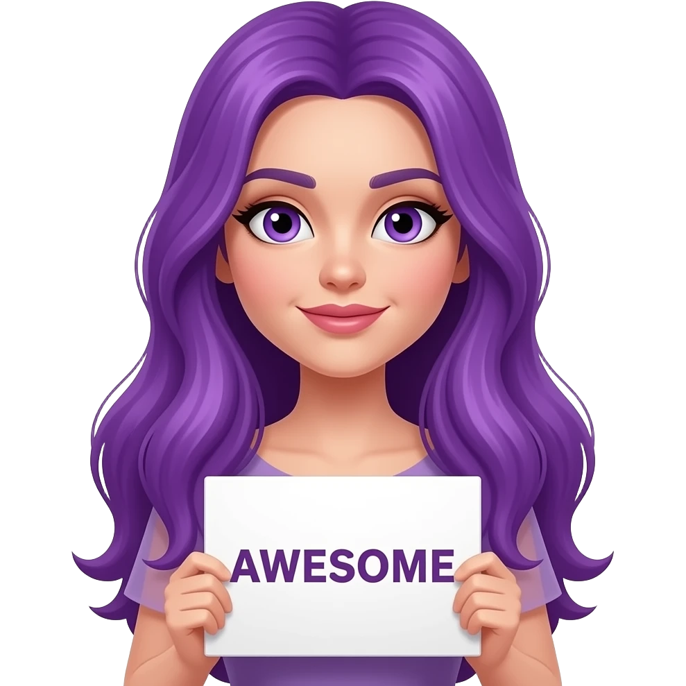 sexy girl with long purple hair and purple eyes wearing a dress holding a AWESOME sign emoji