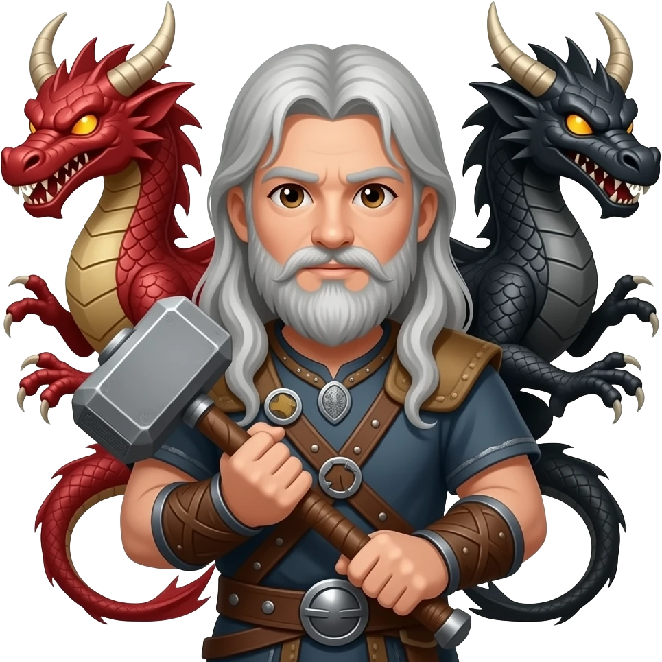 la même image mais les yeux brun et les cheveux et la barbe de couleur argenté. un viking aux cheveux long et une barbe moyenne argenté avec un marteau à deux main sur lequel repose ses deux mains. Ce viking est entre deux dragons, l'un est rouge et l'autre est noir . emoji