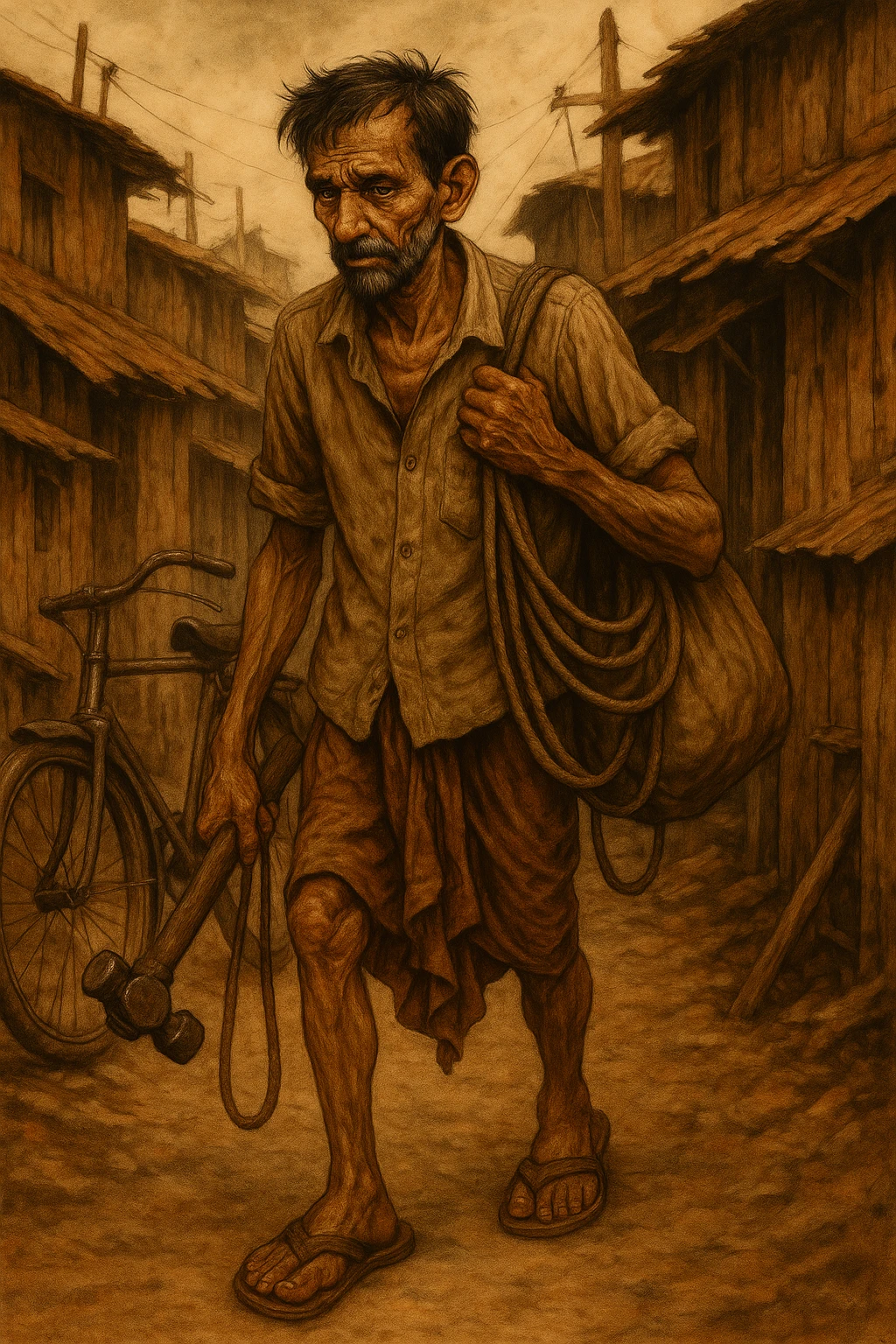 Include a worn bicycle with the struggling Indian father, as he walks to work in old sandals, keeping the expressive illustration and slum background. emoji