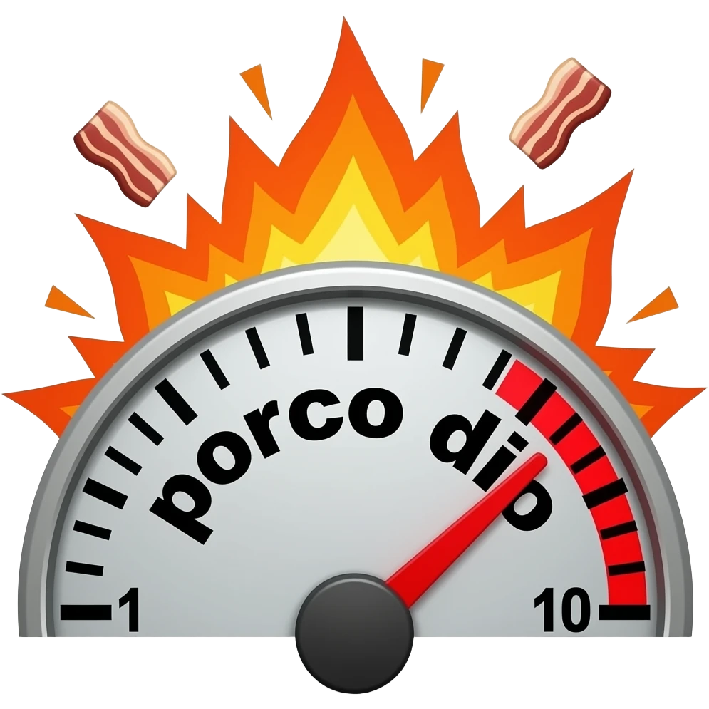text large font size "porco dio" and a pig outline in the background, on a meter, no values, only white to red display, meter to the max red, explosion, fire, bacon emoji