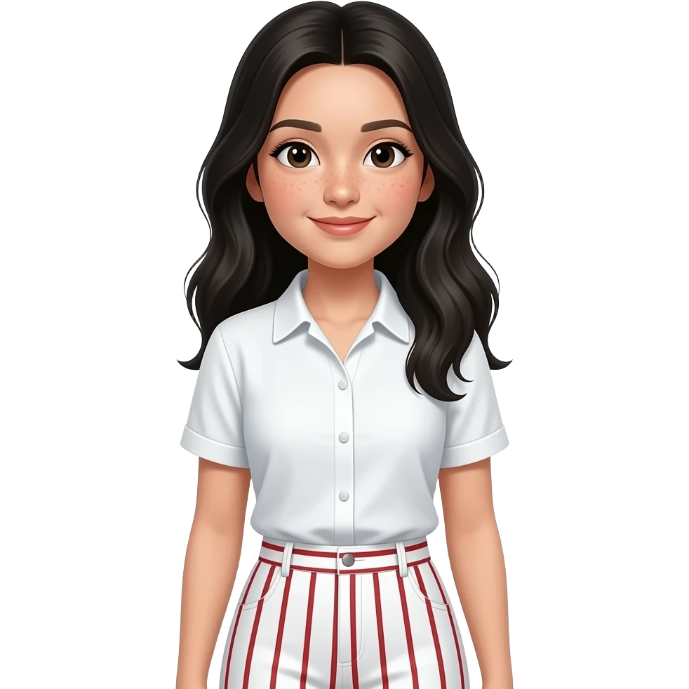 an asian young woman with long black hair and freckles, she wears a short sleeves white blouse and white pants with vertical red stripes emoji