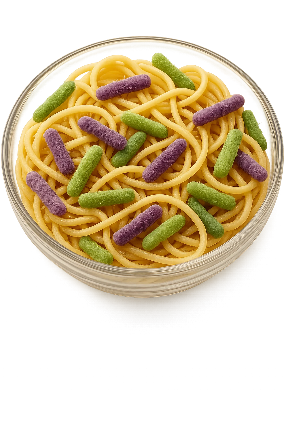 BOWL DI PASTA CON BATTERI INTESTINALI DENTRO, iperrealistico 4k, SFONDO BIANCO emoji