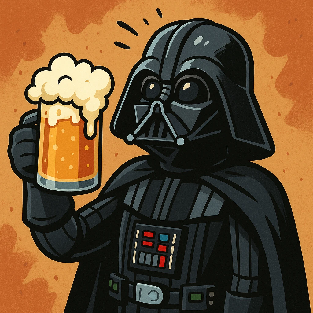 Dark Vador avec une chope de bière mousseuse, style cartoon, ambiance décalée emoji