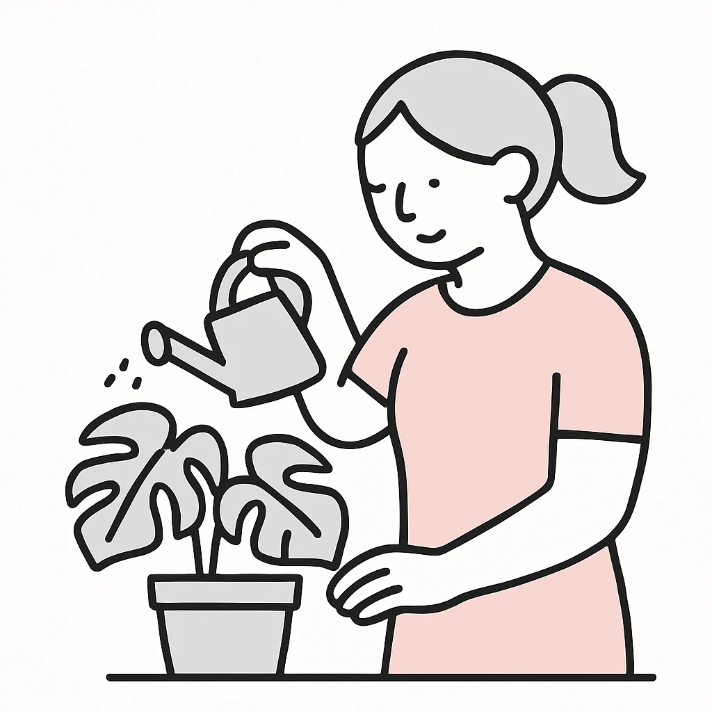 woman watering her monstera plant emoji