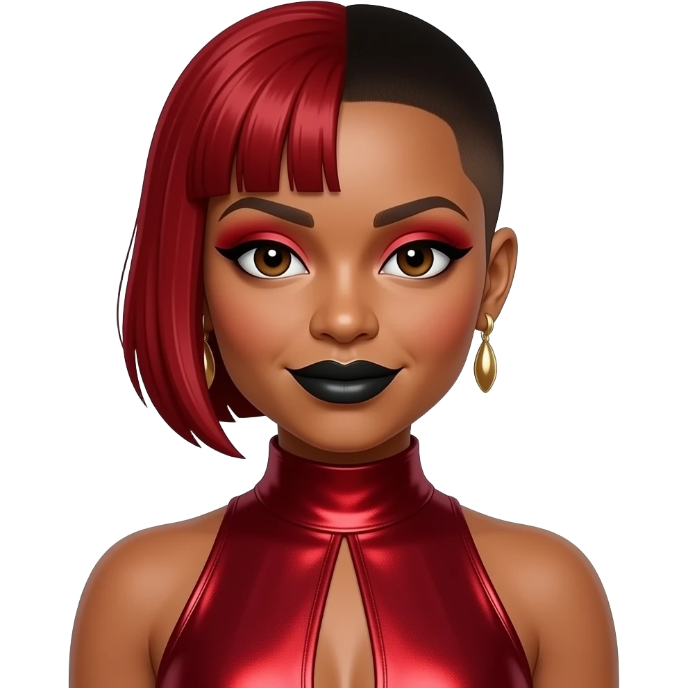 Tionne T-Boz Watkins from TLC with dark brown eyes, red pixie cut bang hair, one side long, one buz cut, red eyeshadow, black lipstick, red metallic high neck dress, earrings emoji