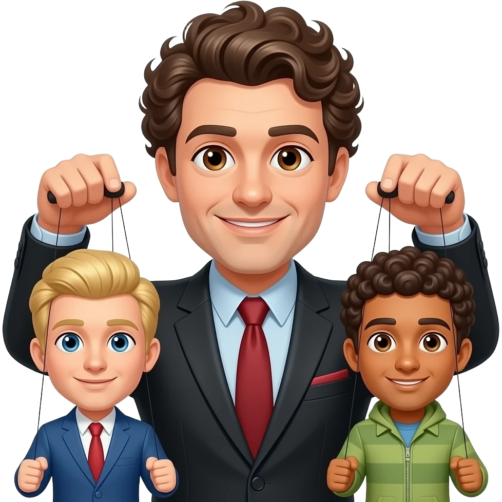 Uomo occhi marroni, capelli ricci che gestisce le sue marionette, una marionetta coi capelli biondi E occhi azzurri, l’altra capelli ricci e occhi marroni tutti e 2 maschi emoji