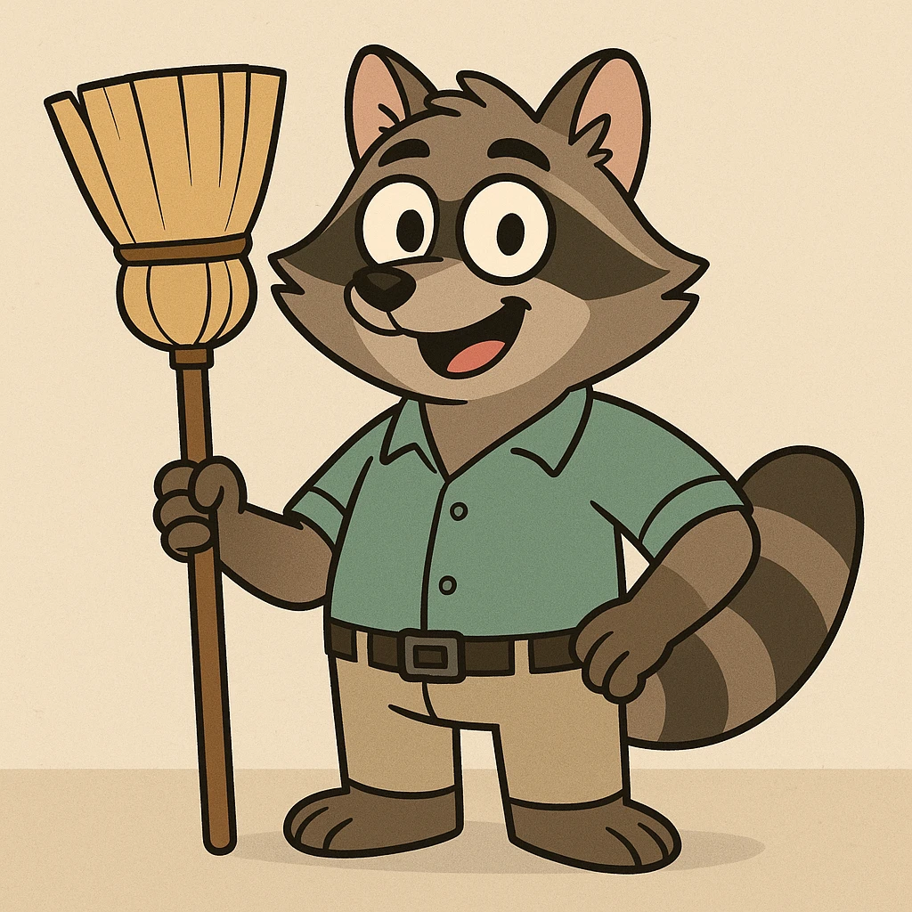 a raccoon dressed as a cleaner, holding a broom, cheerful expression, cartoon style emoji