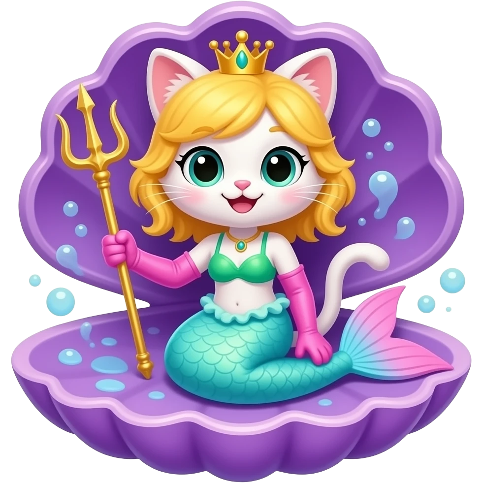 black anthro cat  happy light blue  mermaid tail with pink fins and long pink gloves  yellow hair crown green swimsuit sitting on an open purple clam holding a trident artistic creation, beautiful art emoji