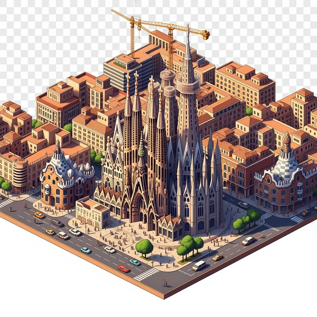 Isometric illustration of Barcelona, featuring Sagrada Familia with intricate spires, highly detailed in semi-realistic style with sharp outlines, balanced between stylized and realistic, 3D miniature effect, transparent background. emoji