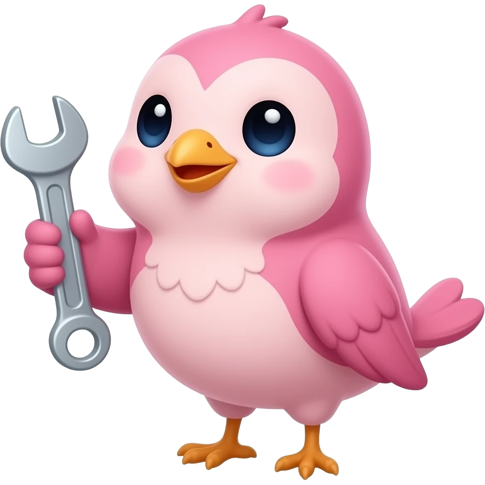 lovable small pink bird in a kawaii style holding a spanner. the image must be a transparent .png emoji