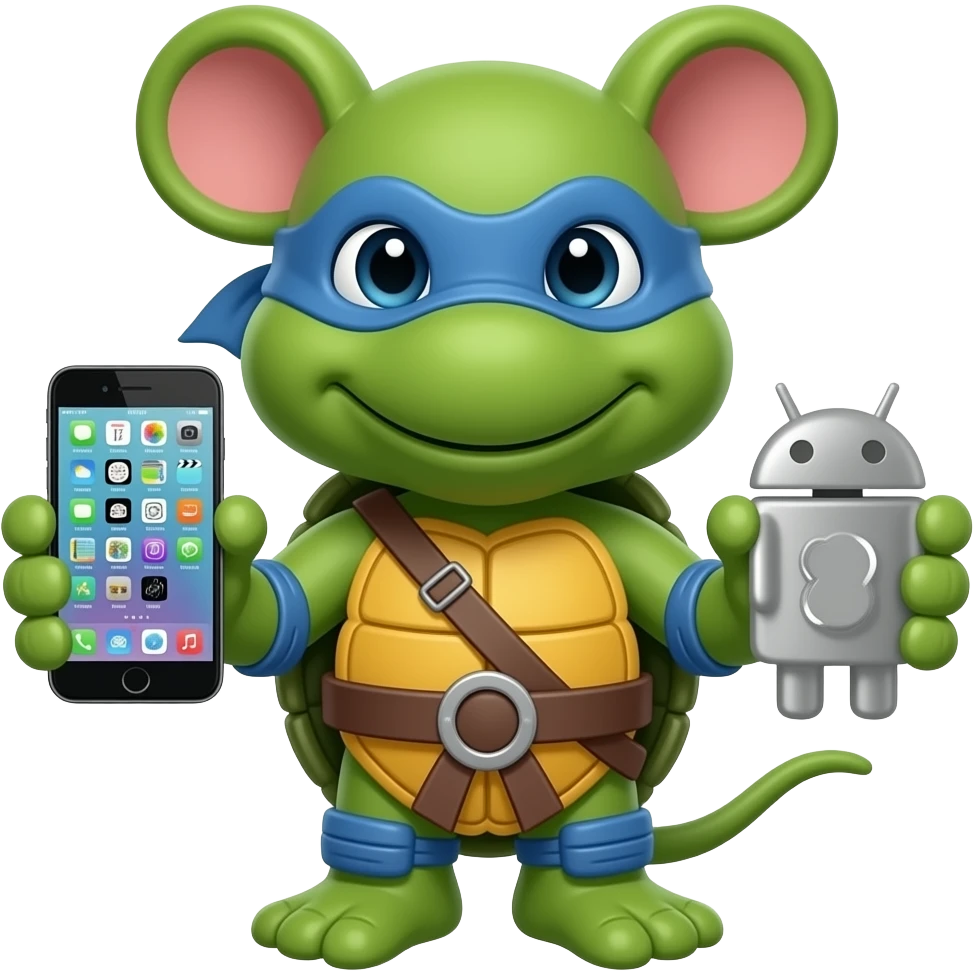 emojis.com mouse splinter-(teenage-mutant-ninja-turtles) holding a iPhone device on one hand and an Android mobile device on the other hand emoji