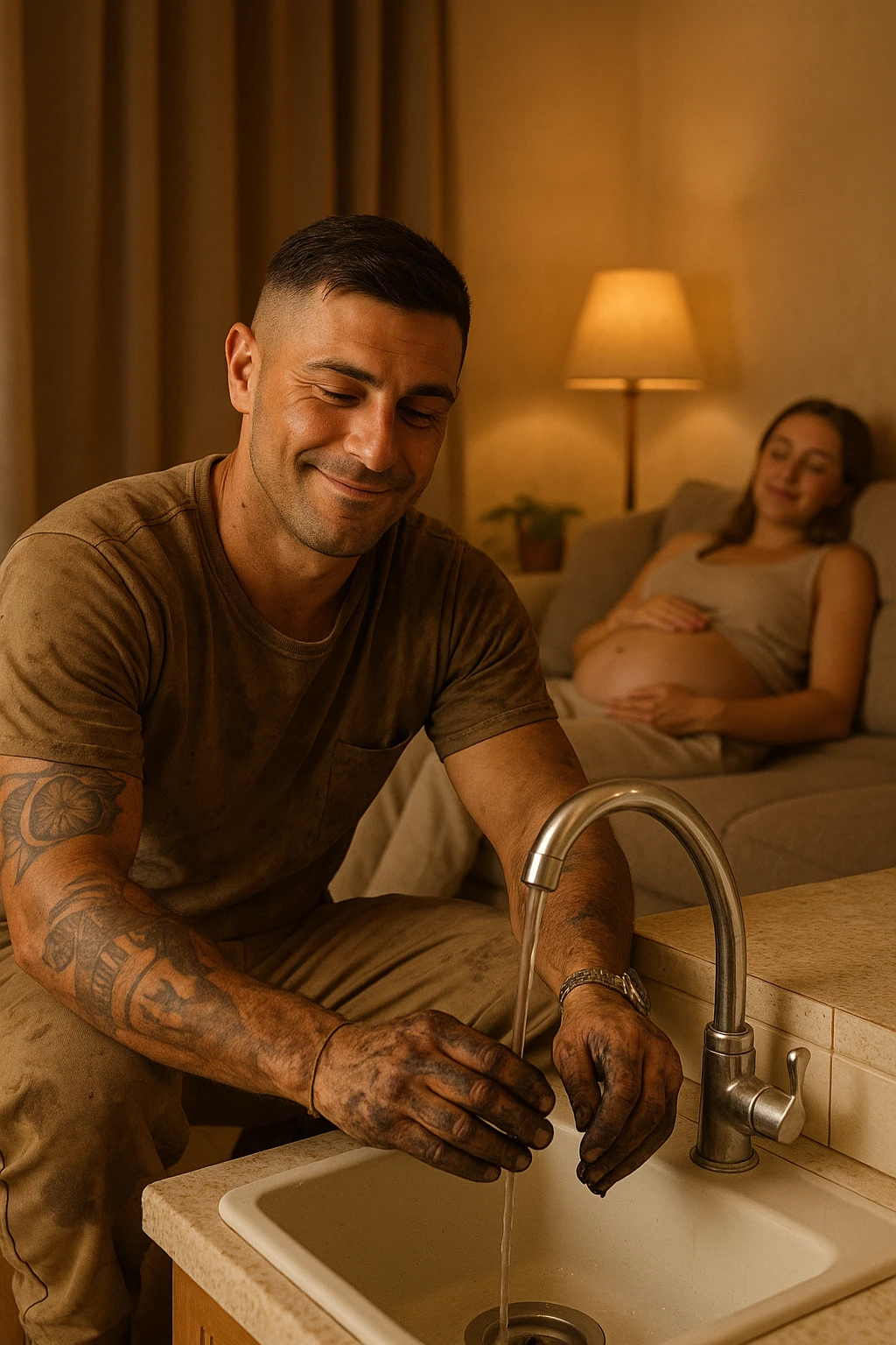 Construction worker coming home, immediately fixing leaky faucet without being asked, hands dirty but smile calm as his pregnant wife rests on couch emoji