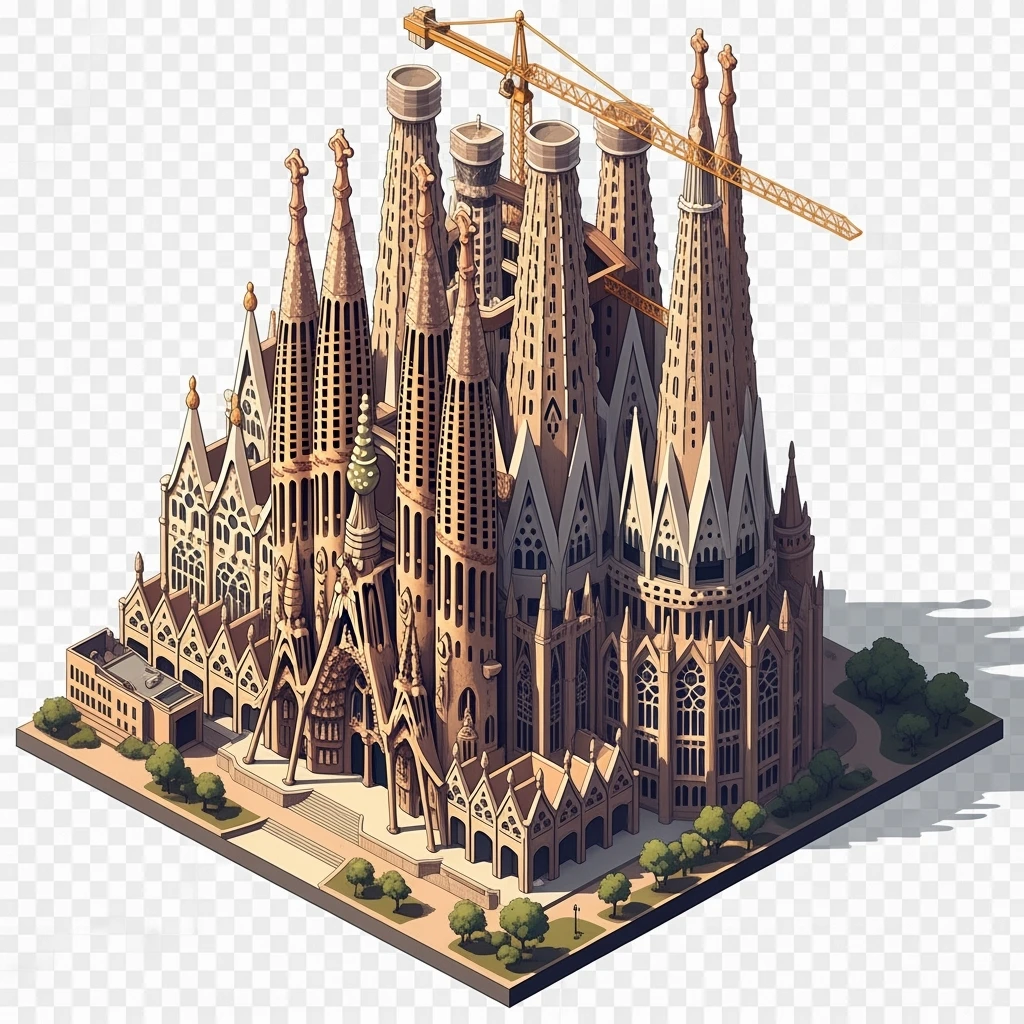 Isometric illustration photorealistic Sagrada Familia, highly detailed in semi-realistic style, balanced between stylized and realistic, 3D miniature effect, transparent background. emoji