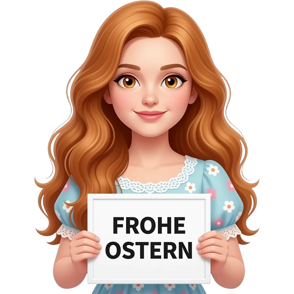 sexy girl with long wavy ginger hair and ginger eyes wearing a easter dress is holding a white colored sign with FROHE OSTERN written on it emoji