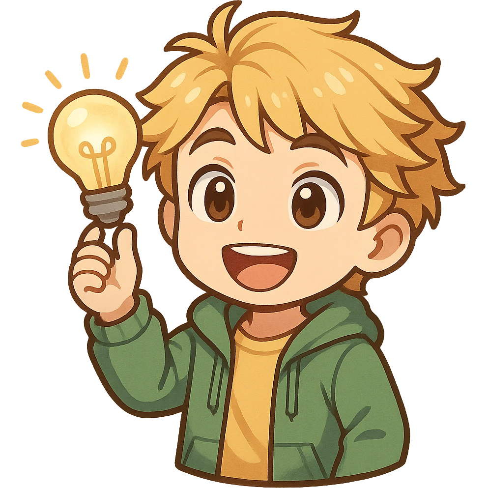 bright and expressive male visionary, fair skin, tousled golden hair, wide joyful eyes, wearing a green hoodie over a yellow tee, one hand raised with a glowing lightbulb, waist-up, front-facing emoji