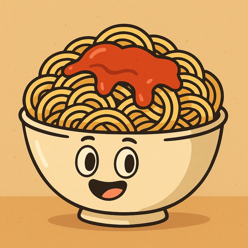 a bowl of spaghetti topped with ketchup, cartoon style, vibrant and fun emoji
