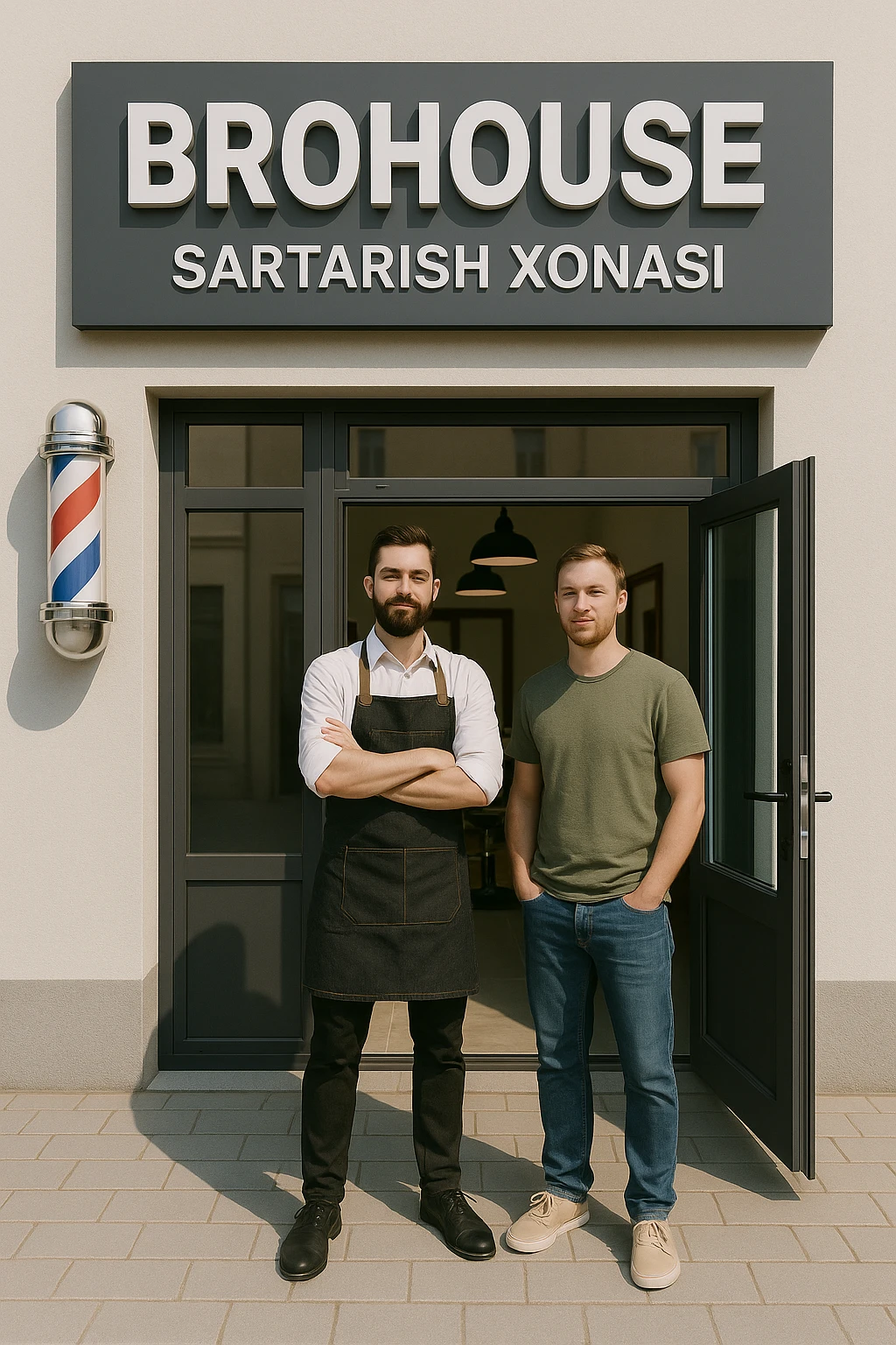 eni shu rasimga boyagi sartaosh oka eshik oldida tursin va tashqarida esa mijoz emoji